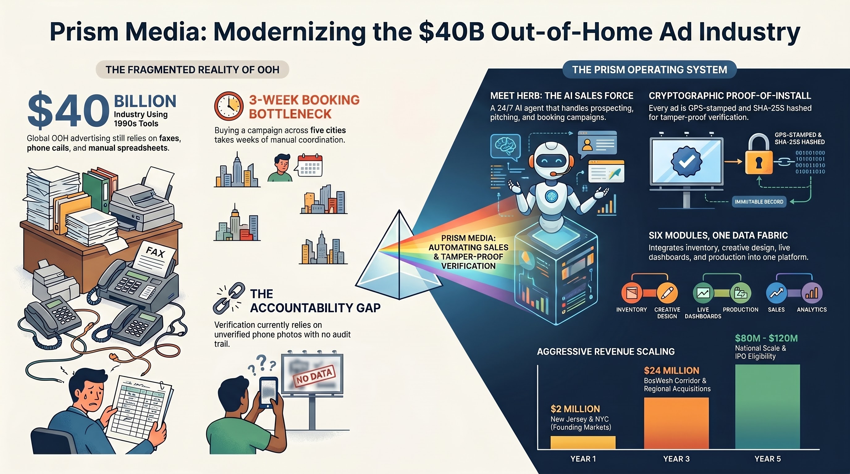 Prism Media — Modernizing the $40B Out-of-Home Ad Industry: problem, platform, revenue scaling Year 1 → Year 5